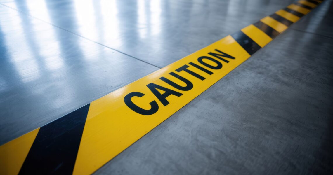 Gelbe Warnmarkierung mit dem Schriftzug Caution auf Betonboden – Symbol fuer Arbeitssicherheit und Praevention im Betrieb