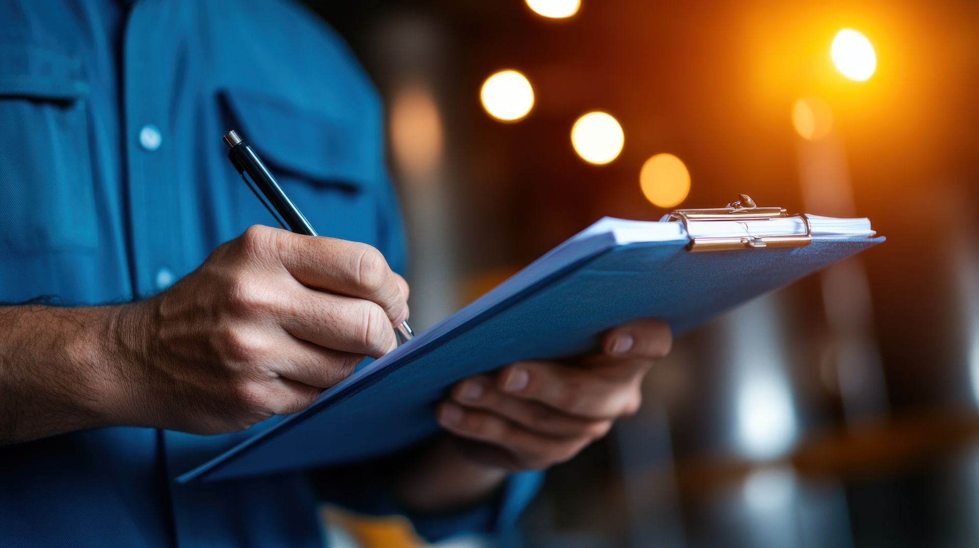 Nahaufnahme einer Hand mit Stift und Klemmbrett bei Sicherheitsbegehung – Dokumentation im Rahmen der Arbeitssicherheitsbetreuung